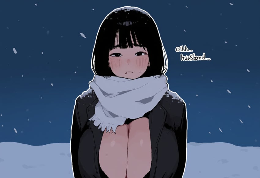 1girls ai_generated asian black_hair cleavage coat large_breasts meme novelai scarf short_hair snow winter