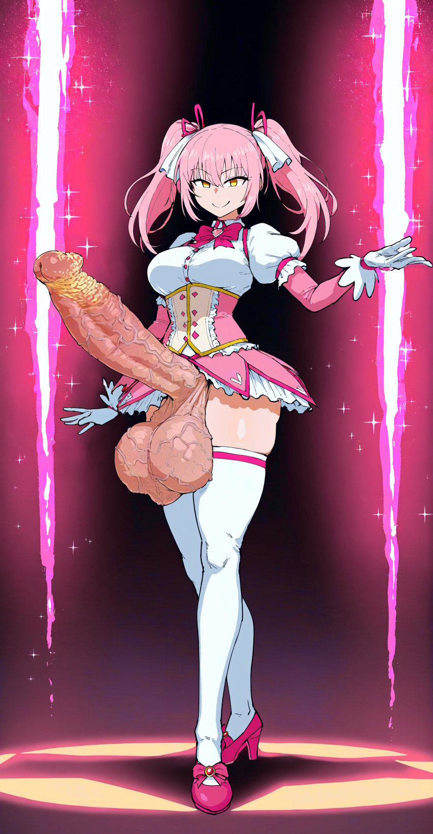 1futa ai_generated big_breasts big_penis dirty_penis excessive_smegma full_body futa_only futaalover futanari hair_ribbon huge_cock large_breasts large_testicles magical_girl massive_cock massive_penis penis pink_hair smegma smelly_cock smile sparkles standing thighhighs trembling twintails veiny_penis veiny_testicles white_gloves white_thighhighs yellow_eyes