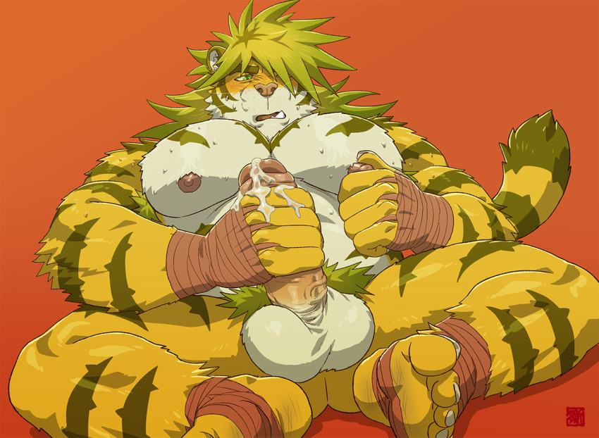 balls cum erection feline macan_(tokyo_afterschool_summoners) magan male male_only mammal muscular nipples pecs penis rossciaco solo tiger tokyo_afterschool_summoners