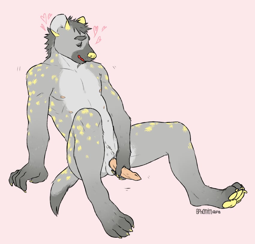 0phanim anthro balls belly canine erection feline fur hair heart hi_res hyena male male_only mammal multi_nipple nipples nude paws pecs penis simple_background smile solo teeth