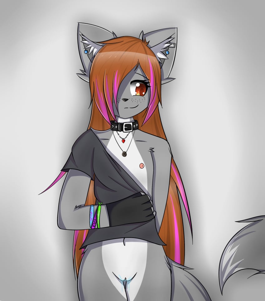 anthro bottomless canine clothed clothing collar cute dream_mirage emo flat_chested fox hair hybrid kayla_kitsune long_hair mammal pussy pussy_juice shirt simple_background solo teenager wolf young