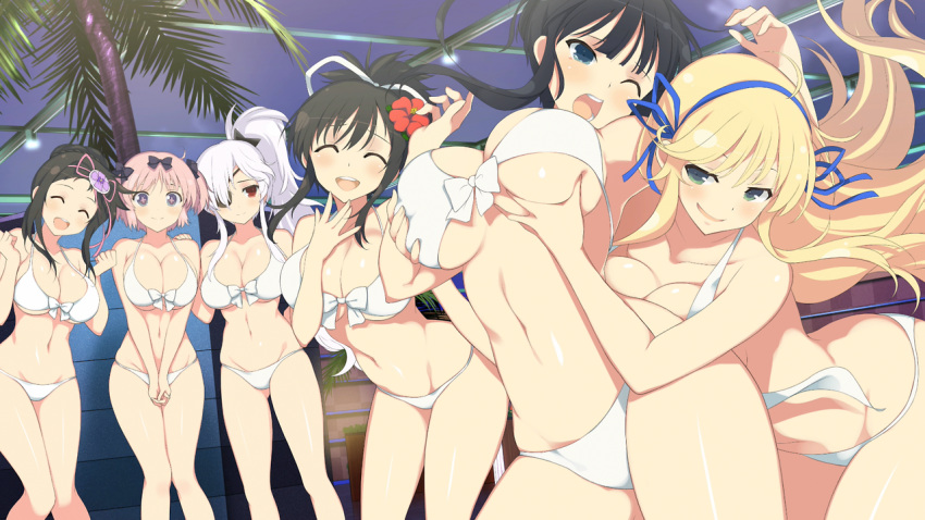 2017 ass asuka_(senran_kagura) ayame_(senran_kagura) bikini black_hair blonde_hair blue_eyes blush bra breast_grab breasts brown_hair closed_eyes eyepatch flower game_cg green_eyes groping_from_behind hair_ornament happy hibari_(senran_kagura) ikaruga_(senran_kagura) katsuragi_(senran_kagura) long_hair marvelous official_art open_mouth panties pink_hair ponytail red_eyes senran_kagura senran_kagura_peach_beach_splash short_hair silver_hair smile symbol-shaped_pupils tamsoft tied_hair yaegashi_nan yagyuu_(senran_kagura)