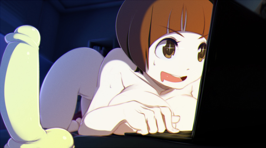 1girls big_breasts breasts brown_eyes brown_hair computer dildo drooling electronics female female_only human kill_la_kill laptop large_breasts mankanshoku_mako naked night nude pale_skin shiny_eyes short_hair solo stickysheep