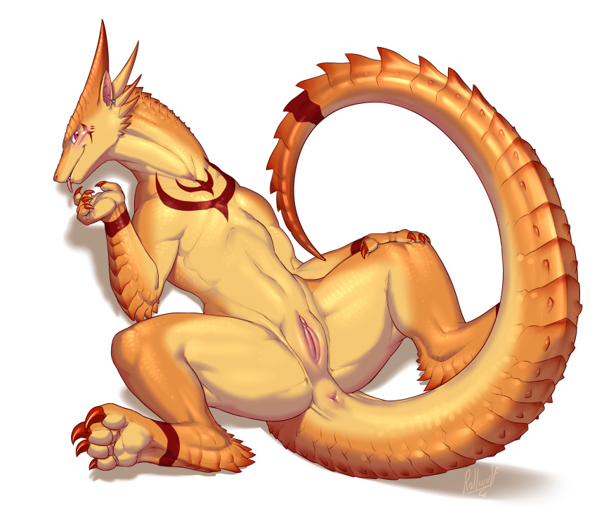 accessory anrim anus blush claws dragon drake_(disambiguation) female invalid_tag lying orange_skin paws pink_eyes pose rollwulf scalie simple_background tattoo tongue white_background