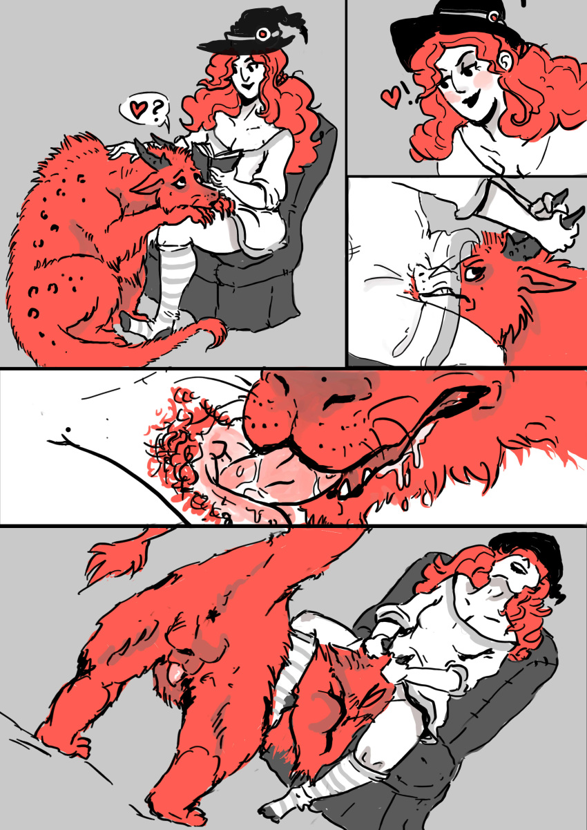 clothing comic cunnilingus dragon eggplantina female female_on_feral feral fur furred_dragon horn horn_grab human human_on_feral interspecies magic_user male mammal oral penis raised_tail red_fur saliva sex simple_background tongue tongue_out vaginal_penetration witch zoophilia