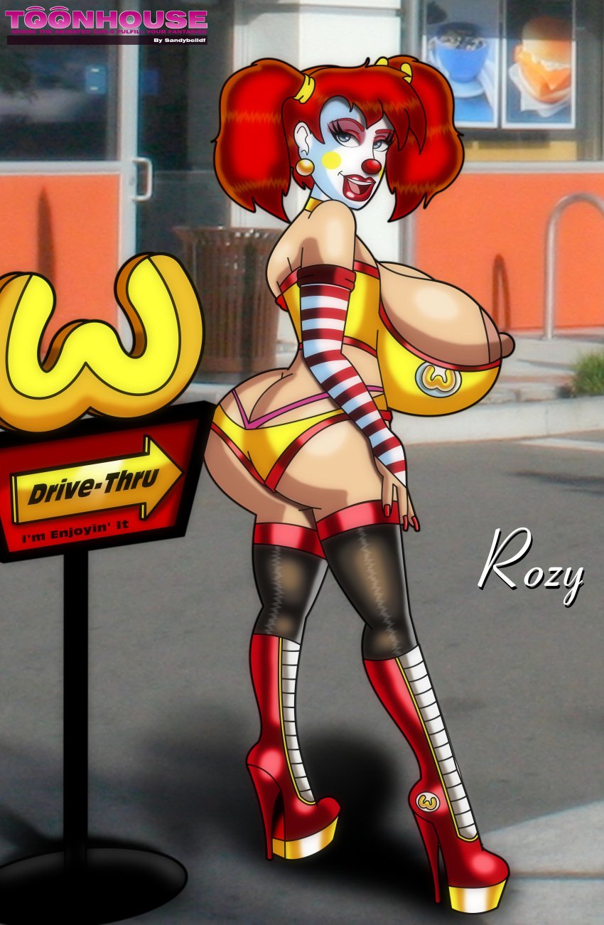 1girls areola ass ass_cleavage bimbo breasts butt_crack cleavage clown clown_makeup dat_ass eyeshadow female gloves high_heel_boots high_heels huge_breasts lipstick makeup mcdonald's nipples ronald_mcdonald rule_63 sandybelldf tied_hair twintails voluptuous whale_tail