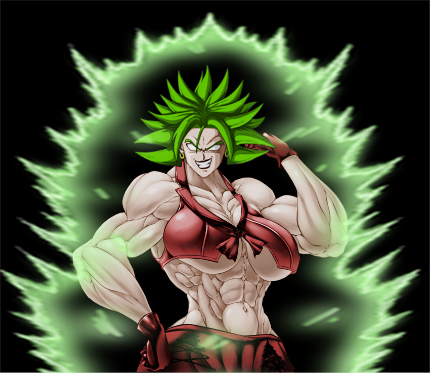 abs aggressive aura big_breasts breasts calli close-up dragon_ball dragon_ball_super extreme_muscles female flex green_hair grin huge_breasts kale kale_(berserker) legendary_super_saiyan looking_at_viewer muscle muscular_female pale_skin perky_breasts pose red_clothes saiyan solo super_saiyan underboob white_eyes