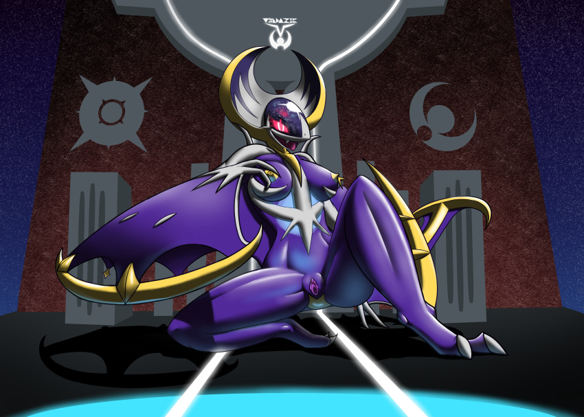 1girls absurd_res anthro bat breasts claws feet female female_only hi_res kneeling looking_at_viewer lunala nintendo pink_sclera pokemon pokemon_sm presenting purple_skin pussy seductive solo spread_legs spreading uncensored veldazik video_games white_eyes wings