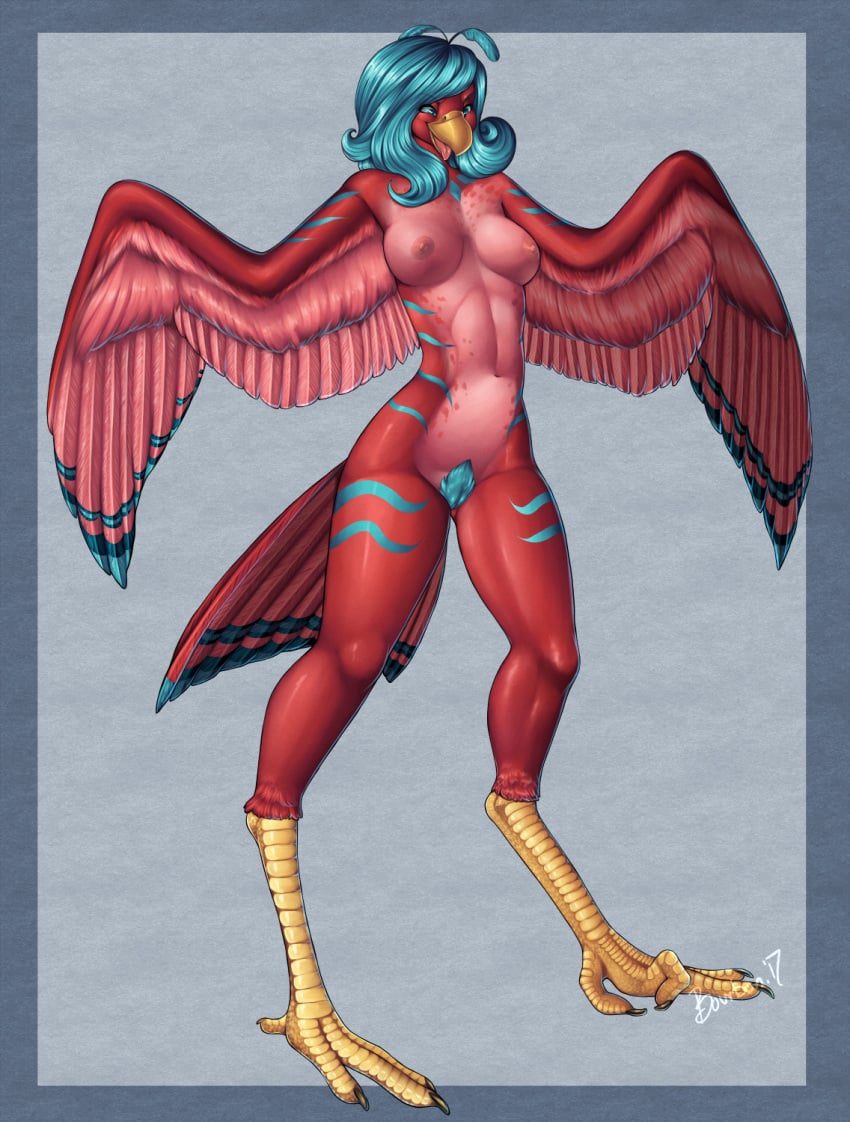 2017 anthro areola avian beak blue_eyes blue_feathers blue_hair blue_pussy blue_sclera bourbon._(artist) breasts brown_scales claws english_text feathered_wings feathers female hair hi_res long_hair looking_at_viewer navel nipples nude pink_nipples pubes pussy red_feathers scales signature smiles solo talons text toe_claws tongue tongue_out wings