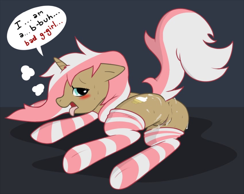 after_sex animal_genitalia animal_pussy blush clothing cum dripping equine equine_pussy fan_character female hi_res horn legwear looking_at_viewer mammal my_little_pony nude panting presenting pussy simple_background solo speech_bubble stockings sweat text tongue tongue_out unicorn vogold