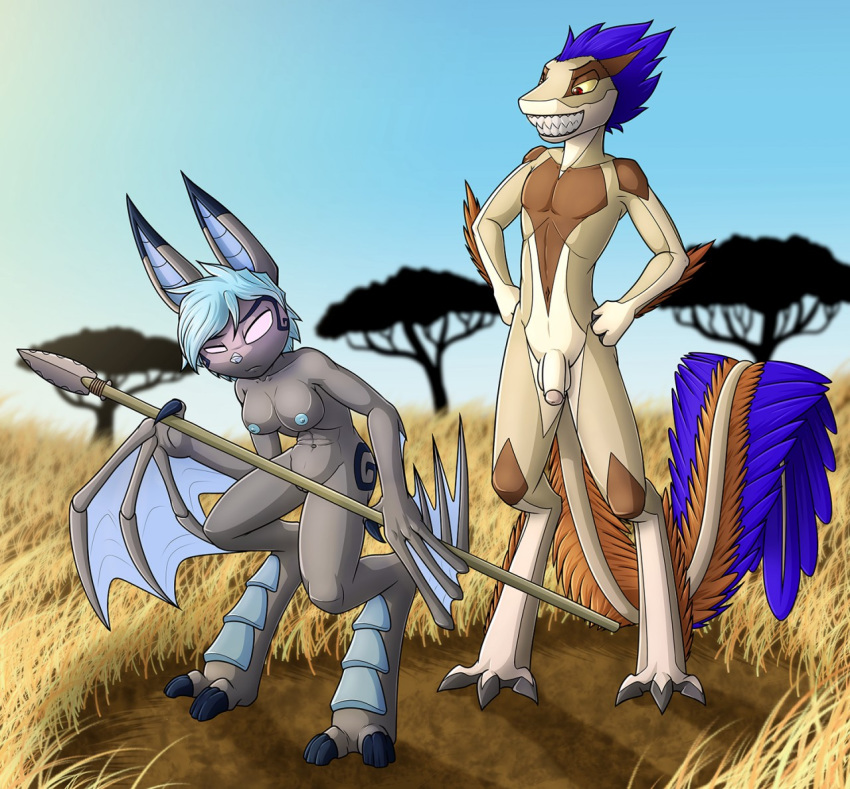 2017 anthro balls bat bat_wings blue_hair blue_nipples breasts claws clothed clothing dreamkeepers duo empty_eyes feathers female grass hair humanoid_penis karo_(dreamkeepers) lord-kiyo male mammal melee_weapon membranous_wings navel nipples nude outside penis polearm pussy red_eyes scalie spear teeth topless tree vanth weapon wings yellow_sclera