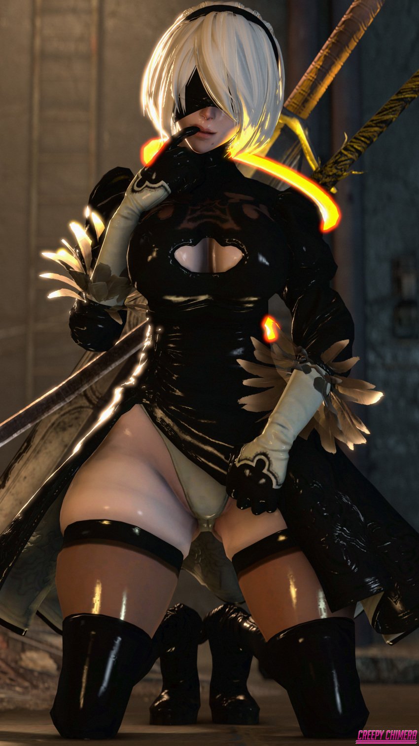 3d absurdres breasts cleavage creepychimera female female_only highres leotard nier nier:_automata solo source_filmmaker thighhighs yorha_2b