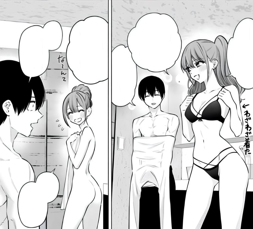 2.5_jigen_no_ririsa ass bare_arms bare_belly bare_legs bare_shoulders bare_thighs belly_button bikini black_and_white blush breasts cleavage closed_eyes collarbone hashimoto_yuu indoors long_hair long_legs manga naked_towel nude official_art okumura_masamune open_mouth small_breasts smile standing tachibana_mikari thighs tied_hair towel towel_on_breasts towel_only twintails undressing