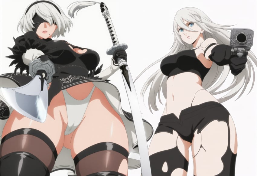 ai_generated aiming_at_viewer blindfold blue_eyes dress from_below gun katana long_hair nier:_automata nier_(series) panties short_hair shorts white_hair yorha_2b yorha_a2