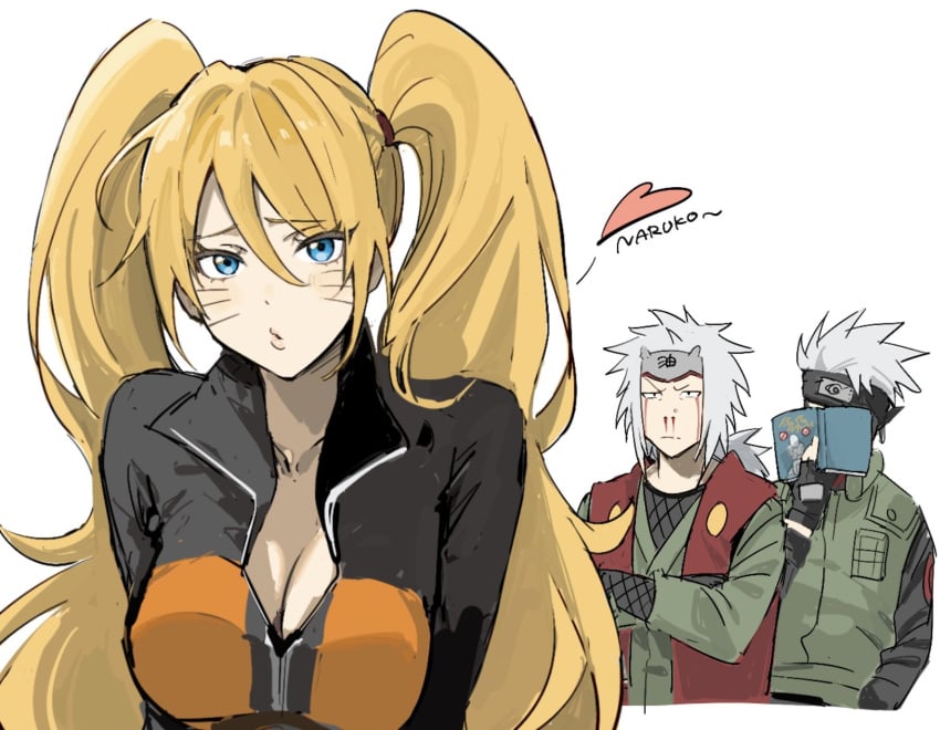 1girls 2boys bbw big_breasts black_eyes black_gloves blonde_hair blue_eyes blush busty canon_genderswap cleavage cute english_text facepaint facial_markings fingerless_gloves forehead_protector gender_transformation genderswap_(mtf) gloves hatake_kakashi headband heart heart_symbol hi_res high_resolution highres jacket jiraiya kakashi_hatake konohagakure_symbol large_breasts lips lipstick looking_at_viewer love_heart makeup naaa___999 narrowed_eyes naruko naruto naruto_(classic) naruto_(series) naruto_shippuden naruto_uzumaki nosebleed older_male older_man_and_teenage_girl pink_lips pink_lipstick puckered_lips rule_63 seductive seductive_eyes seductive_look sexy_no_jutsu shounen_jump shueisha silver_eyes student teacher teacher_and_student teen teen_girl teenage_girl teenager text uzumaki_naruto very_high_resolution weekly_shonen_jump weekly_shounen_jump whisker_markings whiskers white_hair yellow_hair younger_female