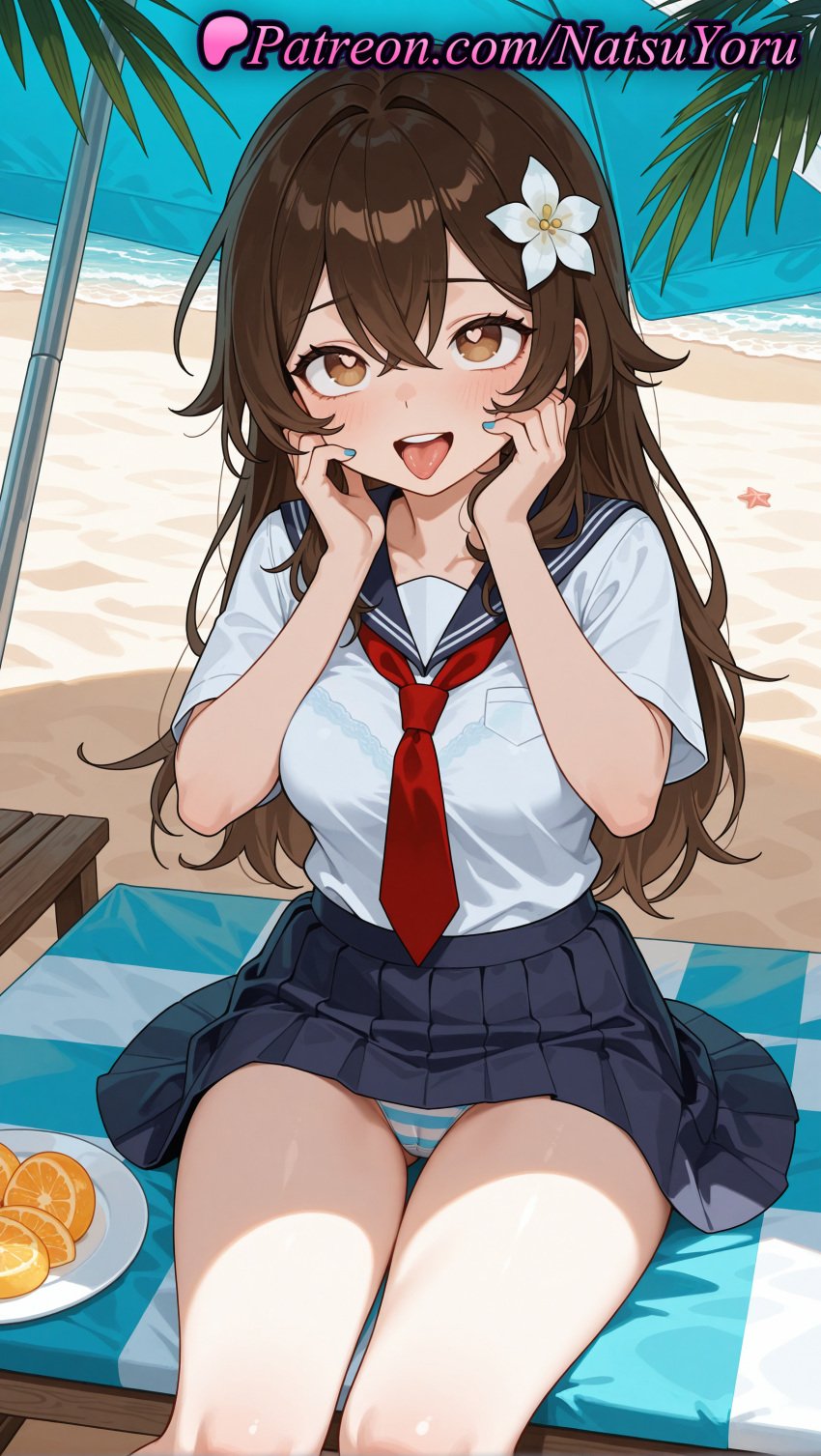 1girls ai_generated anime anime_style asian bangs beach beach_umbrella black_skirt blue_bra blue_nails blue_panties blue_sailor_collar blue_skirt blush bra bra_visible_through_clothes breast_pocket breasts brown_eyes brown_hair bust busty cameltoe collarbone crossed_bangs day feet_out_of_frame female female_focus female_only flower food fruit hair_between_eyes hair_flower hair_ornament hands_on_own_cheeks hands_on_own_face heart heart-shaped_pupils hentai lemon lemon_slice long_hair looking_at_viewer medium_breasts miniskirt nail_polish natsuyoru neckerchief necktie open_mouth orange_(fruit) original original_character outdoors panties pantsu pantyshot plate pleated_skirt red_neckerchief red_necktie sailor_collar sailor_uniform sand school_uniform see-through see-through_shirt serafuku shirt shirt_tucked_in short_sleeves sitting skirt smile solo solo_female starfish striped striped_clothes striped_panties symbol-shaped_pupils teeth thighs tongue tongue_out towel umbrella underwear upper_teeth_only voluptuous voluptuous_female water white_flower white_shirt