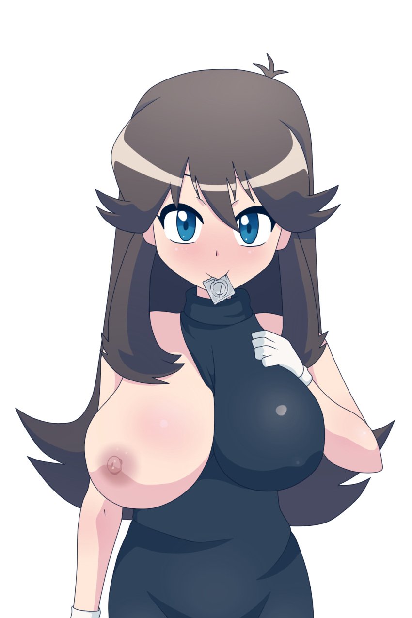 big_breasts black_dress breasts brown_hair busty dress dress_pull exposed_breasts gloves green_(pokemon) huge_breasts large_breasts pokemon pokemon_adventures