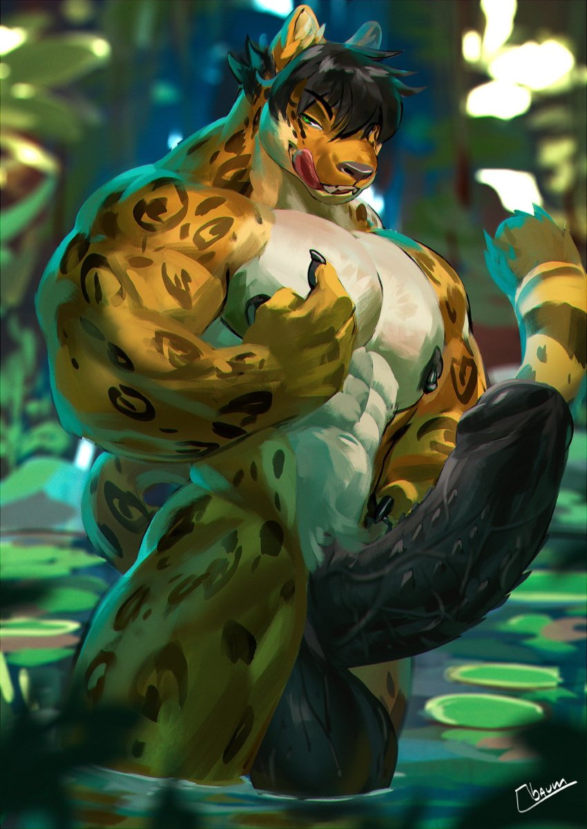 anthro balls big_balls big_penis claws forest forest_background furry furry_only green_eyes jaguar jaguar_ears jaguar_humanoid jaguar_tail lake male_focus male_only muscles muscular muscular_anthro muscular_arms muscular_male muscular_thighs nipples obaum pecs pectorals penis pierced_nipples piercing solo solo_focus striped_body striped_fur tail thick_thighs tongue tongue_out yellow_body yellow_fur yellow_skin