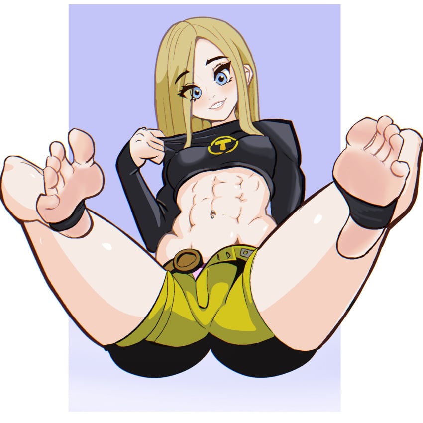 1girls abs athletic_female barefoot blonde_hair blue_eyes eight_pack foot_fetish ironpencil long_hair muscular_female smiling_at_viewer soles terra_(dc) toes