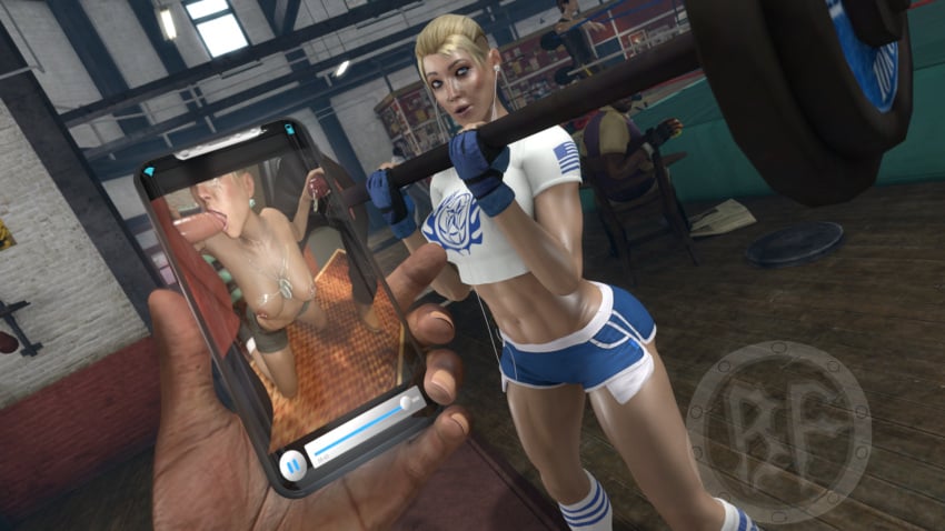 2025 3d 3d_(artwork) artist_logo blonde_hair blowjob blue_eyes breasts brother_fuzzman cassie_cage clothed_female coach_(left_4_dead) crop_top cum_on_breasts cum_on_face dark-skinned_male exposed_midriff fully_clothed gym gym_clothes handjob left_4_dead light-skinned_female light-skinned_male mortal_kombat mortal_kombat_x nipple_piercing nipples phone phone_screen short_shorts workout_clothes