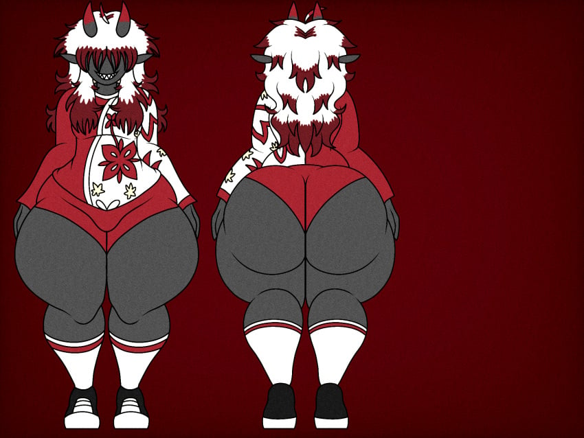 ass ass_focus big_ass black_body bloomers bubble_butt demon demon_horns doopie doopkaboom_(artist) eyes_covered faggot femboy gym_shorts horns huge_ass kimono red_hair samuri_(stoopiedoopie) sharp_teeth shoes short_shorts sneakers solo tagme twink white_hair