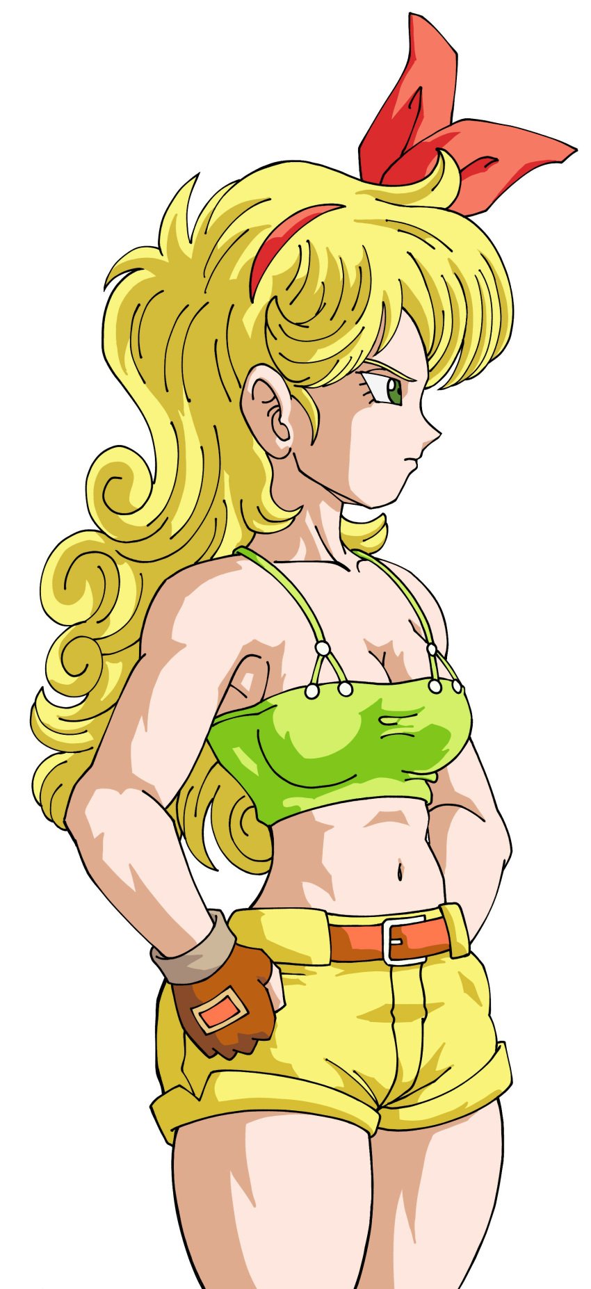 armpits bad bad_girl bad_launch blonde_female blonde_hair bobbies breast breasts cleavage clothed clothed_female clothes curly_hair cute digital_art digital_drawing_(artwork) digital_media digital_media_(artwork) double_personality dragon_ball dragon_ball_(classic) dragon_ball_(series) dragon_ball_z fanart gloves green_eyes green_topwear hand_on_hip hands_on_hips launch long_hair no_nude profile red_ribbon red_ribbon_in_hair ribbon ribbon_in_hair safe safe_for_work shorts simple_background solo solo_female super_dragon_ball_heroes top topwear transformation yamidanight yellow_short