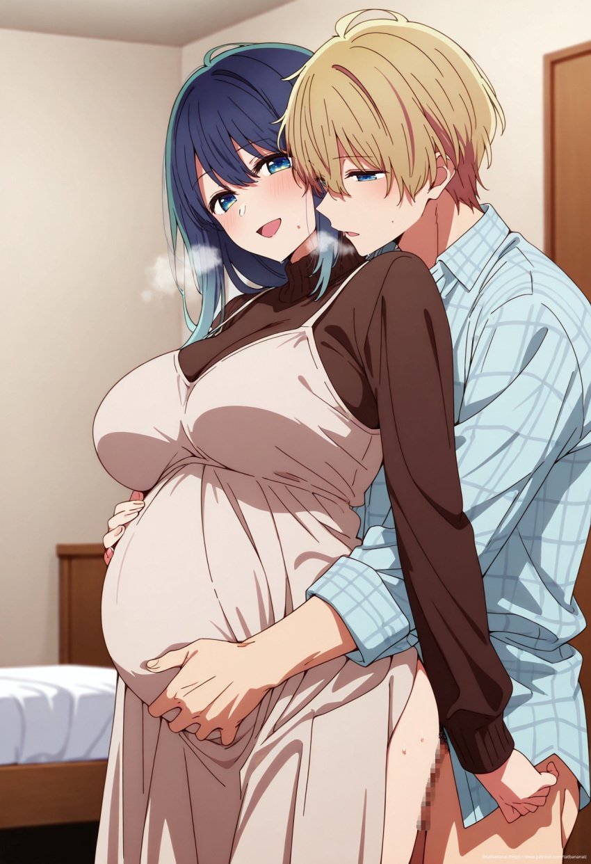 ai_generated big_breasts blue_eyes blue_hair bush couple couple_(romantic) couple_sex curvy hoshino_aquamarine kurokawa_akane oshi_no_ko pov pov_eye_contact pregnant pregnant_belly pregnant_sex pubic_hair sex wholesome