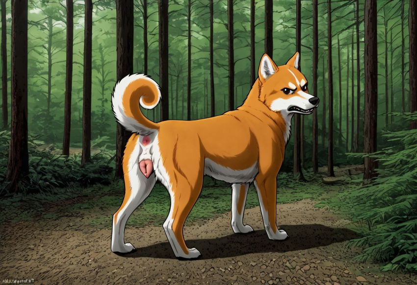 ai_generated anus canine_pussy domestic_dog ellie_(whizdog) looking_at_viewer shiba_inu woods