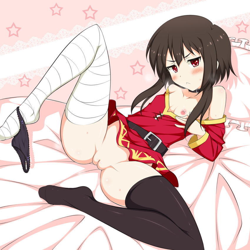 >:< arm_support bandaged_leg bed belt black_hair black_legwear black_panties blush breasts choker collar dress dress_pull female female kono_subarashii_sekai_ni_shukufuku_wo! leg_up looking_at_viewer megumin mugen_panda no_bra off_shoulder one_breast_out panties panties_around_leg pillow pussy reclining red_eyes short_dress short_hair short_hair_with_long_locks sidelocks single_thighhigh small_breasts solo spread_legs star sweatdrop thighhighs uncensored