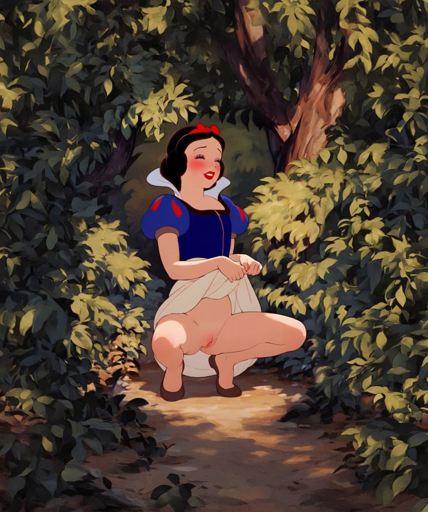 ai_generated dark_hair disney disney_princess dress dress_lift forest hairbow snow_white_(disney) snow_white_and_the_seven_dwarfs_(1937_film)