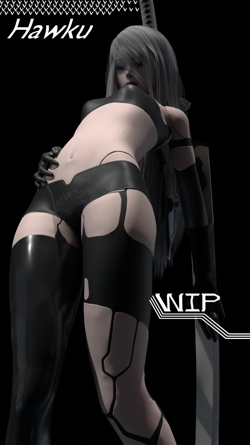 1girls android blue_eyes booty_shorts female latex latex_gloves nier:_automata robot robot_girl solo solo_female sword thigh_boots thigh_highs thighhighs white_hair yorha_a2