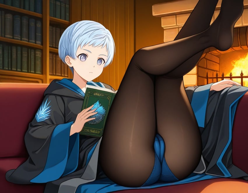 ai_generated blue_hair cameltoe female female girl harry_potter hogwarts panties pantyhose reading short_hair uniform