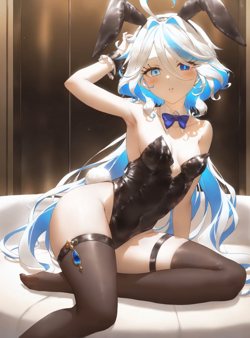 absurd_res ahoge ai_generated alternate_costume animal_ears arm_up armpits bare_arms bare_shoulders black_hairband black_leotard black_thighhighs blue_bow blue_bowtie blue_eyes blue_hair blush bow bowtie breasts collarbone colored_inner_hair covered_navel cowlick detached_collar drop-shaped_pupils fake_animal_ears fake_tail feet female foot_out_of_frame furina_(genshin_impact) genshin_impact hair_between_eyes hair_intakes hairband heterochromia highleg highleg_leotard legs leotard light_blue_hair long_hair looking_at_viewer ministro mismatched_pupils multicolored_hair no_shoes oversized_breast_cup parted_lips playboy_bunny rabbit_ears rabbit_tail sidelocks sitting small_breasts solo strapless strapless_leotard streaked_hair tail thigh_strap thighhighs thighs two-tone_hair very_long_hair wavy_hair white_collar white_hair white_wrist_cuffs wrist_cuffs yokozuwari