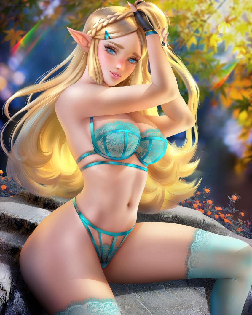 1girls adjusting_hair ayyasap blonde_hair blue_eyes bra cleavage female female_only fingerless_gloves gloves hair_ornament hairclip lingerie looking_at_viewer pointy_ears princess_zelda sitting smile solo the_legend_of_zelda thighhighs thighs zelda_(breath_of_the_wild)