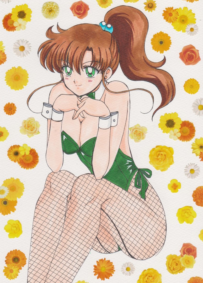 1990s_(style) 1girls absurd_res alluring animal_ears bishoujo_senshi_sailor_moon brown_hair cleavage detached_collar fake_animal_ears female_focus high_res legs leotard long_hair lying makoto_kino marker_(medium) pantyhose plant playboy_bunny ponytail rabbit_ears rabbit_tail rascal_(n119) retro_artstyle sailor_jupiter tail traditional_media wrist_cuffs