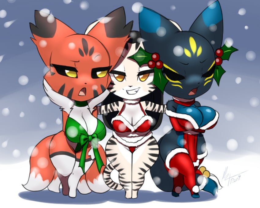 bandai_namco bell big_breasts breasts canid canine chibi christmas christmas_clothing cleavage clothed clothing crossed_arms digimon felid feline female fox furball holidays holly_(disambiguation) huge_breasts mammal markings mikomon outside pantherine scarf snow snowing taihoumon tiger