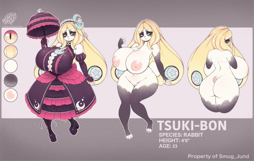 alternative_fashion anthro big_breasts blonde_hair breasts female genitals goth gothic_lolita hair hi_res j-fashion lagomorph leporid lolita_(fashion) mammal model_sheet nipples nude pussy rabbit secretly_saucy solo text tsuki-bon_(secretly_saucy) umbrella wide_hips