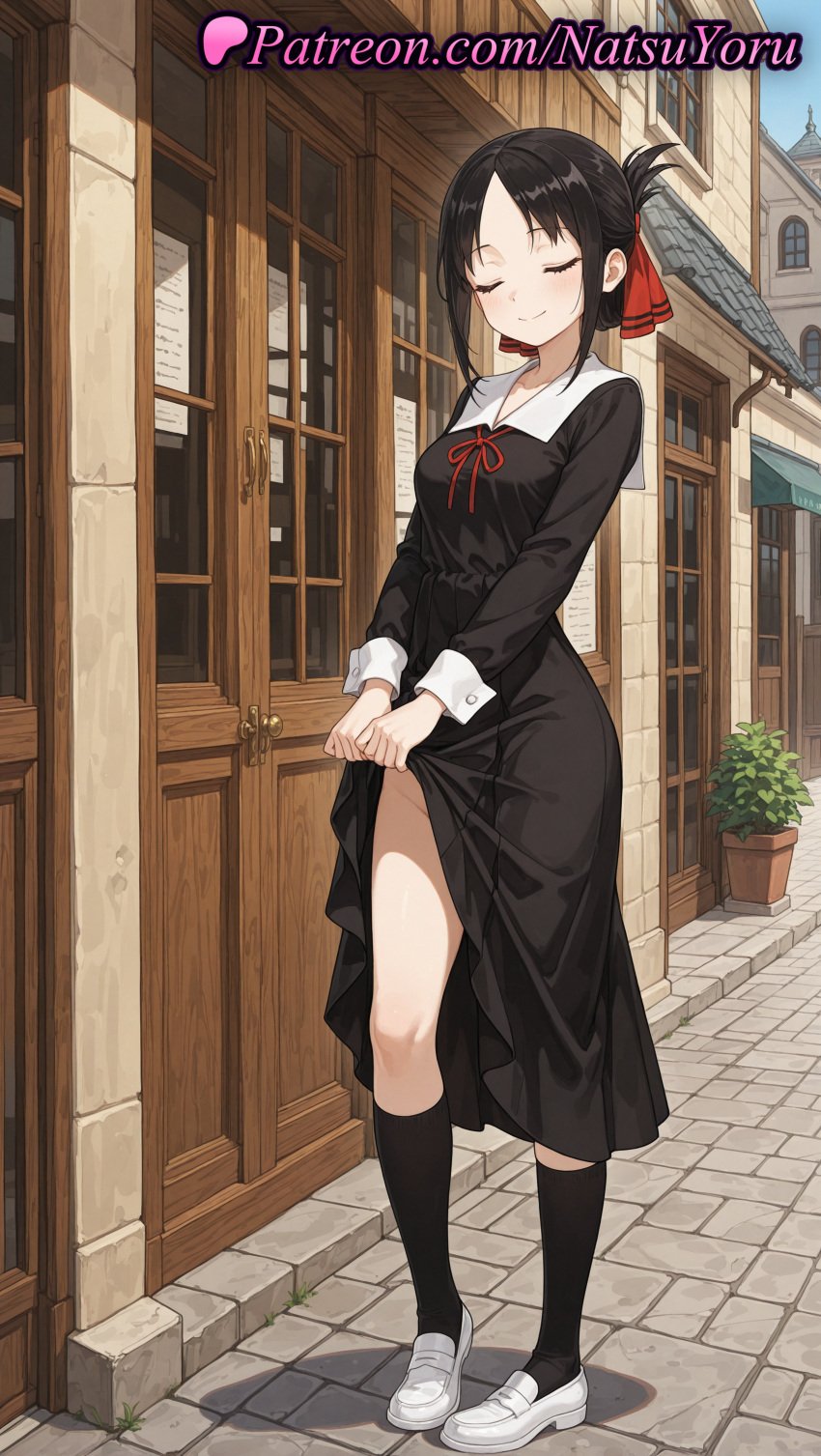 1girls ai_generated anime anime_style bangs black_dress black_hair black_socks blush breasts building bust busty closed_eyes closed_eyes closed_mouth clothes_lift collarbone collared_dress day door dress dress_lift facing_viewer female female_focus female_only folded_ponytail full_body hair_ribbon hair_ribbons hentai kaguya-sama_wa_kokurasetai_~tensai-tachi_no_renai_zunousen~ kneehighs kneesocks lifted_by_self loafers long_sleeves medium_breasts natsuyoru neck_ribbon nopan outdoors parted_bangs plant potted_plant red_ribbon ribbon school_uniform shinomiya_kaguya shoes short_hair shuuchiin_academy_school_uniform sidelocks skirt_lift small_breasts smile socks solo solo_female standing thighs uwabaki voluptuous voluptuous_female wet white_footwear