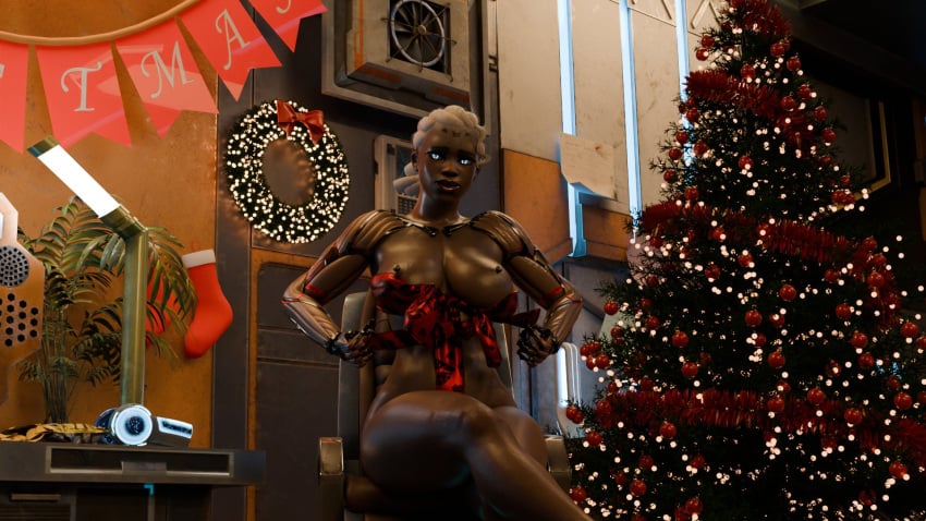 3d african african_female breasts christmas cyborg dark-skinned_female dark_skin gilf grey_hair lacoux3d overwatch overwatch_2 sojourn_(overwatch) very_dark_skin video_game_character