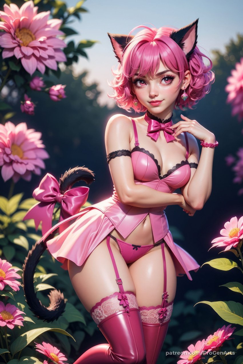 1girls ai_generated animal_ears arm_garter arm_strap artist_name babydoll bare_shoulders blurry blurry_background bow bow_panties bowtie bracelet breasts bustier cat_ears cat_girl cat_tail choker cleavage closed_mouth curly_hair day depth_of_field earrings flower garter_straps hand_up hi_res ichigo_momomiya jewelry lace lace_trim lingerie lips lipstick looking_at_viewer makeup medium_breasts mew_ichigo nail_polish navel nose outdoors panties pink_bow pink_eyes pink_flower pink_hair pink_lips pink_nails pink_panties pink_theme pink_thighhighs progenarts short_hair smile solo standing tail tail_bow tail_ornament thighhighs tokyo_mew_mew underwear