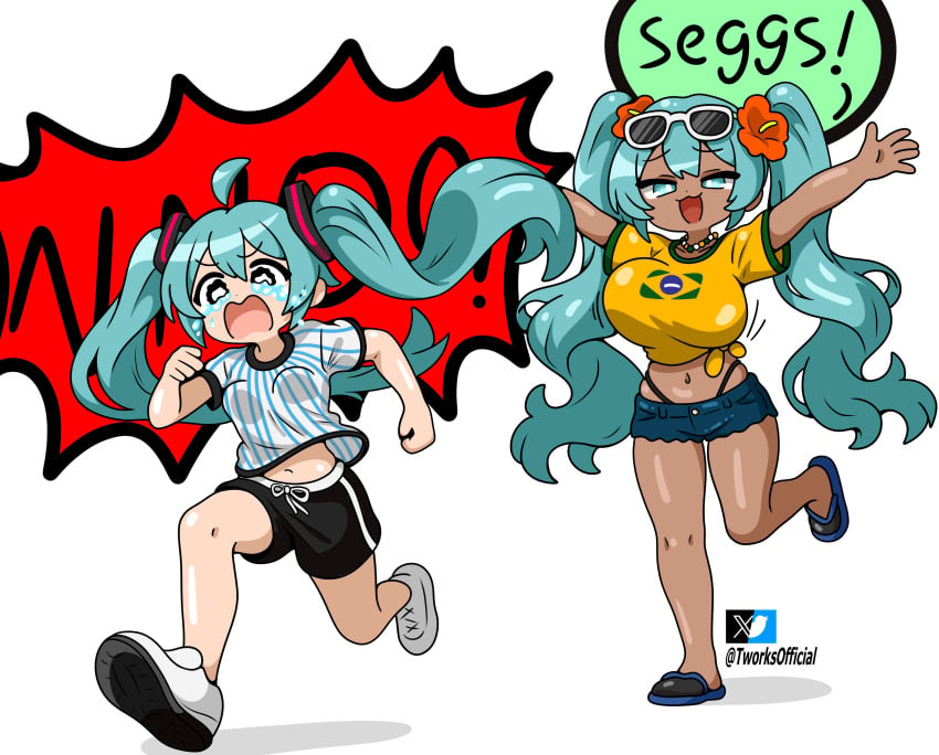 2025 2girls argentinian argentinian_miku artist_signature bead_necklace beads black_eyes black_eyes_female black_shorts blue_eyes blue_eyes_female blue_hair blue_hair_female blue_slippers brazilian brazilian_female brazilian_miku breasts busty busty_female chasing clothed clothed_female crying daisy_dukes dark-skinned_female dark_skinned_female dialogue duo_female duo_focus english english_dialogue english_text flower flowers flowers_in_hair green_trim hatsune_miku huge_boobs huge_breasts january_(month) jean_shorts latin_american_hatsune_miku_(meme) latina long_hair long_hair_female necklace no_sex open_mouth panties pearl_necklace red_flower red_flowers running running_away screaming seggs_(meme) shirt shoes shoes_on shorts slippers speech_bubbles string_panties striped_shirt tan tan-skinned_female tan_body tan_skin tan_skinned_female tearing_up tears text tied_shirt twitter twitter_link twitter_logo vocaloid white_background white_iris white_shoes white_trim yellow_shirt