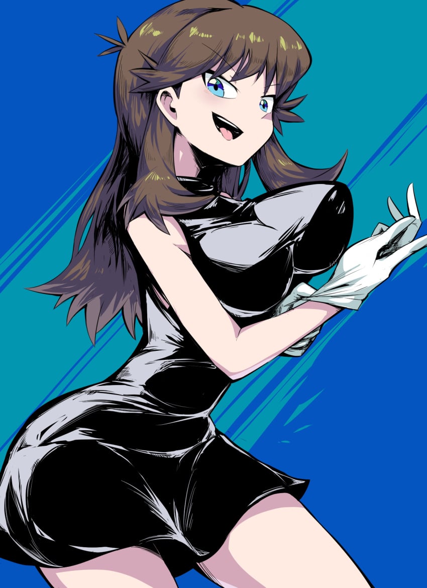 big_breasts black_dress brown_hair busty dress gloves green_(pokemon) huge_breasts large_breasts pokemon pokemon_adventures smile thick_thighs tongue wide_hips