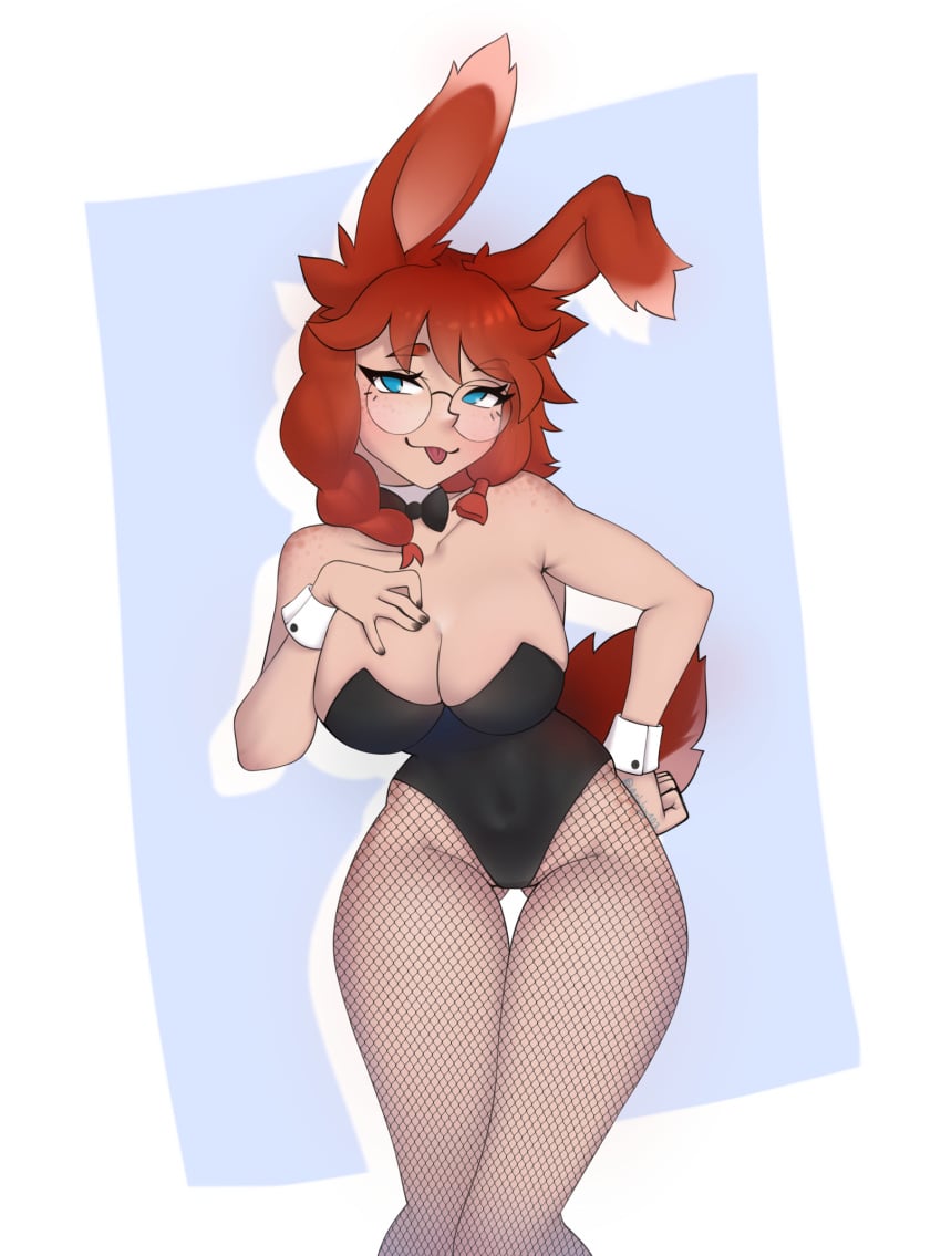 ashhy aurora aurora_(league_of_legends) blue_eyes blush bowtie breasts bunny_costume bunny_ears bunny_girl bunny_suit bunny_tail bunnysuit fishnets freckles league_of_legends red_hair thighs