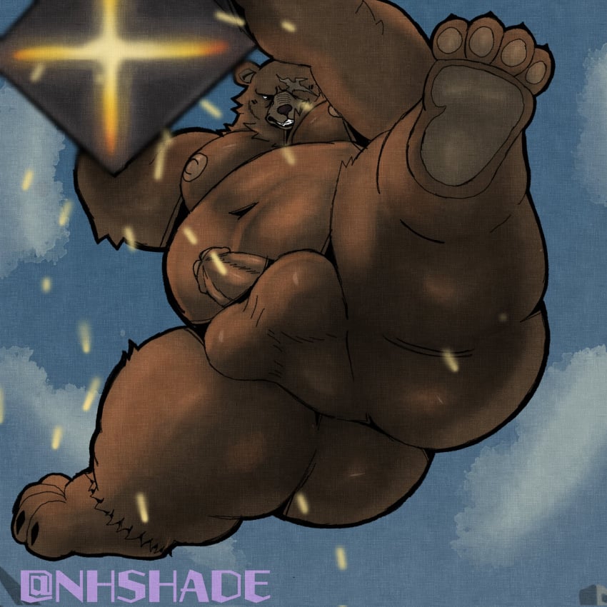 1:1 anthro ass attack balls bear belly ben_bigger brown_body brown_fur erection facial_scar falling foreskin fur genitals hi_res low-angle_view male mammal mihoyo missing_eye moobs navel nhshade nipples nude overweight pawpads penis scar solo worm's-eye_view zenless_zone_zero