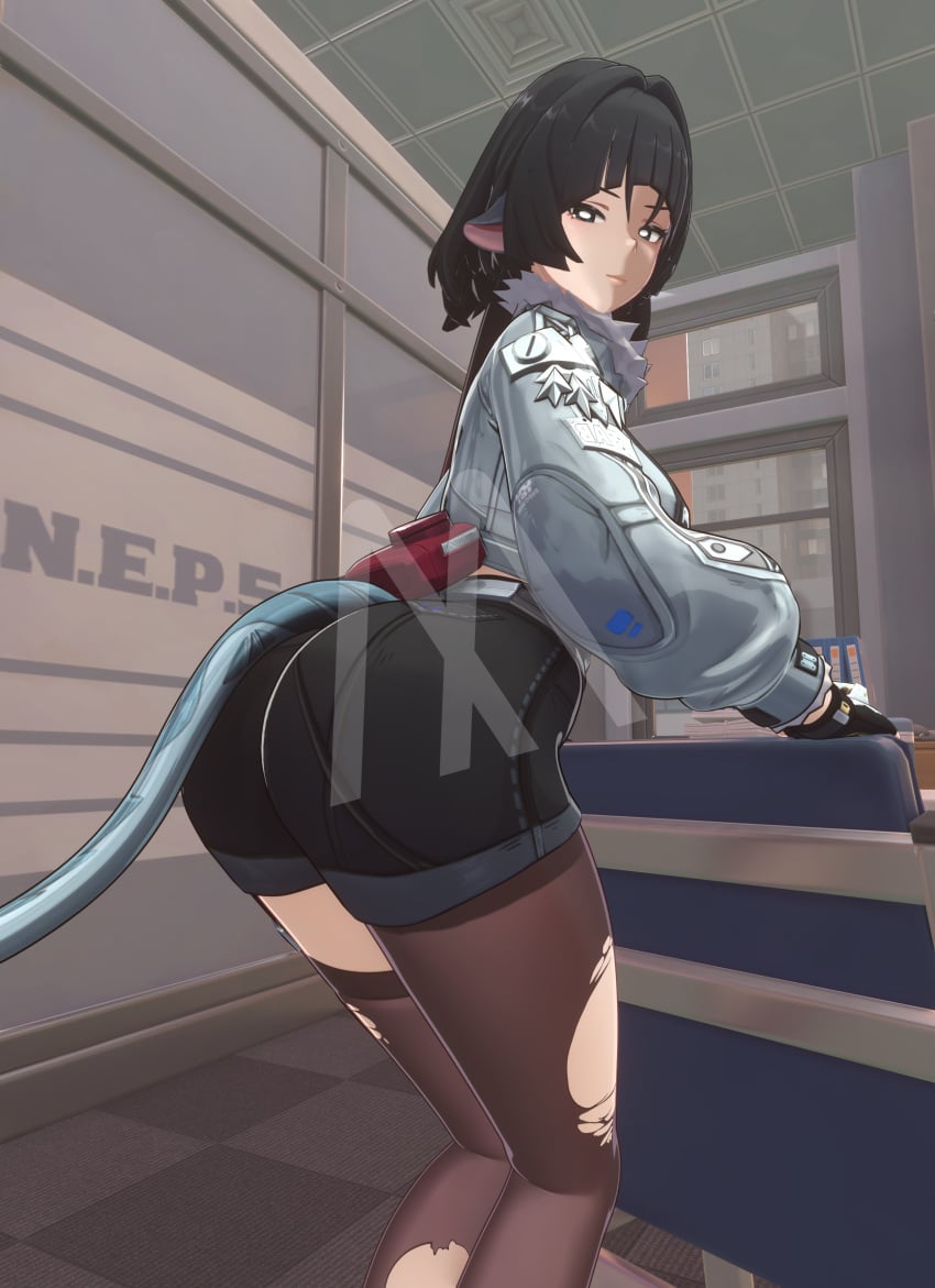 1girls 3d ass ass_focus black_hair blender blender_(software) butt_focus female hoyoverse jane_doe_(zenless_zone_zero) looking_at_viewer mihoyo new_eridu_public_security office pantyhose rat_ears rat_girl rat_tail ripped_clothing ripped_pantyhose shorts solo solo_female the_michael watermark zenless_zone_zero