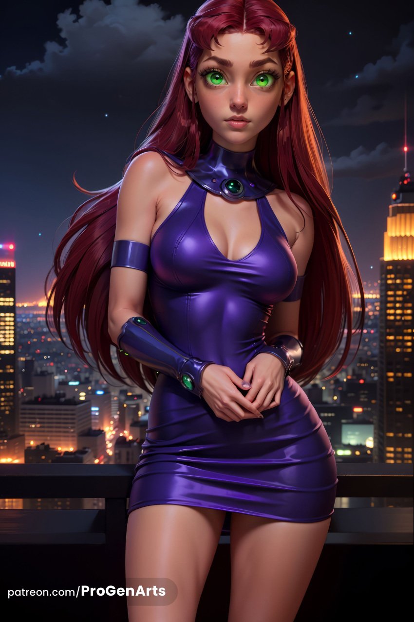 1girls ai_generated artist_name bare_shoulders boomerang_(tv_network) breasts cartoon_network city cityscape cleavage cowboy_shot dc dc_comics dress green_eyes hi_res jewelry koriand'r lips long_hair looking_at_viewer medium_breasts night night_sky nose orange_skin outdoors patreon_username progenarts purple_dress red_hair short_dress sky sleeveless sleeveless_dress solo standing starfire superhero superheroine taut_clothes teen_titans warner_brothers watermark web_address