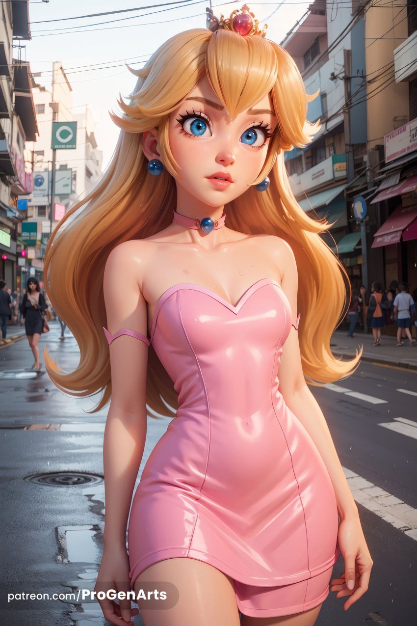 1girls ai_generated artist_name bare_shoulders blonde_hair blue_eyes breasts choker cleavage collarbone covered_navel cowboy_shot crosswalk crown day dress earrings hi_res jewelry lips long_hair looking_at_viewer mario_(series) mini_crown multiple_girls nintendo outdoors parted_lips patreon_username pink_choker pink_dress princess_peach progenarts road short_dress small_breasts solo_focus sphere_earrings strapless strapless_dress street super_mario_bros. traffic_light web_address