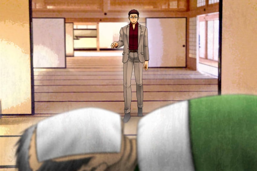 2boys ai_ni_arazu belt blurry_foreground clothed covered_face dead death futon game_cg grey_hair grey_jacket hi_res homage indoors japanese_house looking_down lying lying_on_back lying_on_bed male male_only mature_male old_man parody realistic_background red_hair red_shirt ryuu_ga_gotoku ryuuichirou_kaidou sad shocked short_hair sliding_doors socks standing takashi_akano_(fukusa) tatami tetsuji_akanegakubo v-shaped_eyebrows