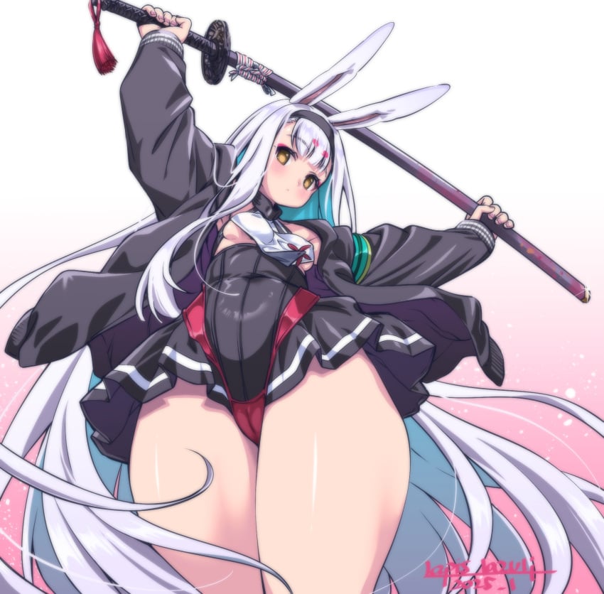 animal_ears arms_up azur_lane bikini bikini_bottom_only bikini_over_clothes black_jacket black_skirt blush bottom_heavy breasts brown_eyes cameltoe covered_navel expressionless female from_below gigantic_thighs hairband highres huge_thighs jacket long_hair looking_down rabbit_ears rabbit_girl red_bikini sheath sheathed shimakaze_(azur_lane) shirt skirt small_breasts solo swimsuit sword thick_thighs thighs umyonge_(lkakeu) underboob very_long_hair weapon white_hair white_shirt wide_hips