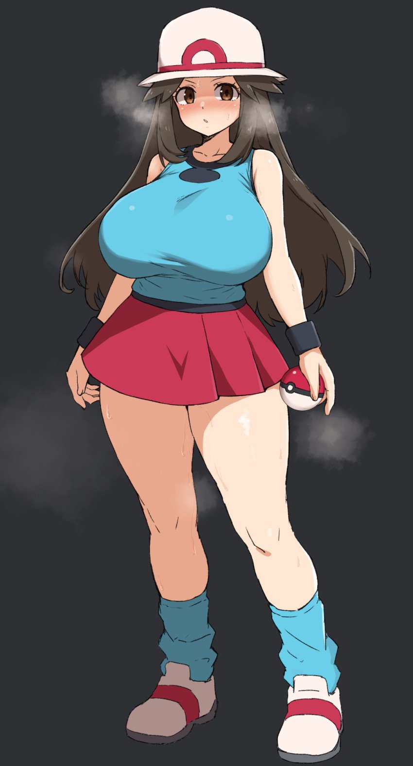 big_breasts blue_clothing breasts brown_hair busty huge_breasts large_breasts leaf_(pokemon) miniskirt pokemon skirt tank_top thick_thighs wide_hips yamaori